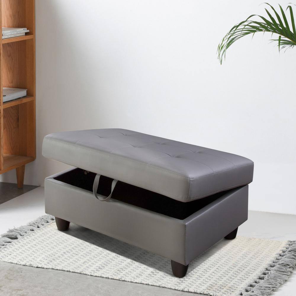 35" Dark Gray Faux Leather Storage Ottoman with Solid Wood Frame