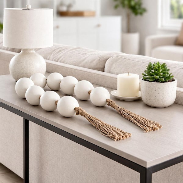 White 46 in. x 3.25 in. Ceramic Woven Texture Bead Garland Decorative Balls