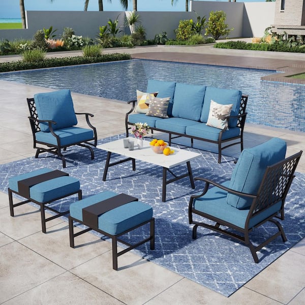 Black Meshed 7-Seat 6-Piece Metal Outdoor Patio Conversation Set with Denim Blue Cushions, Table with Marble Pattern Top