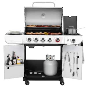 5-Burner Propane Gas Grill Stainless Steel Cabinet Style with 61,000 BTU Output, Silver