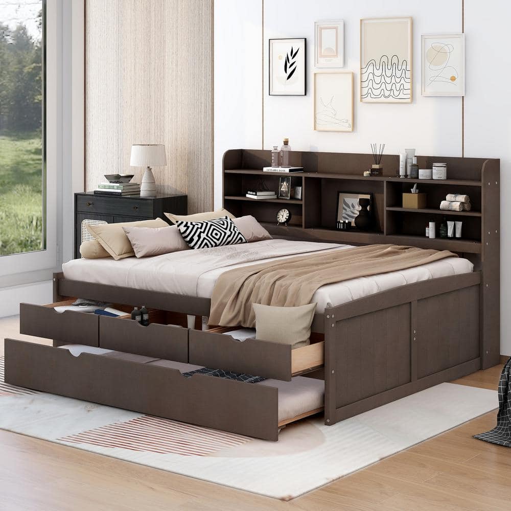 Antique Brown Wood Frame Full Size Platform Bed with Built-In Bookshelves, 3-Storage Drawers and Trundle price history on PriceWatchPro