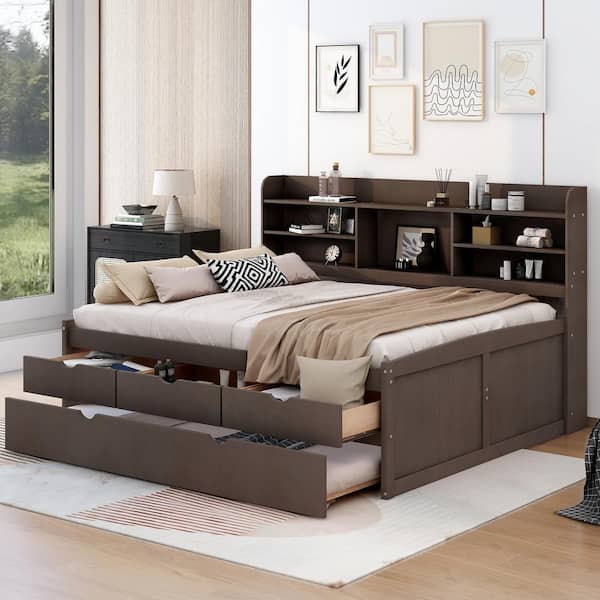 Harper & Bright Designs Antique Gray (Brown) Wood Frame Full Size Platform Bed with Built-In Bookshelves, 3 Storage Drawers and Trundle