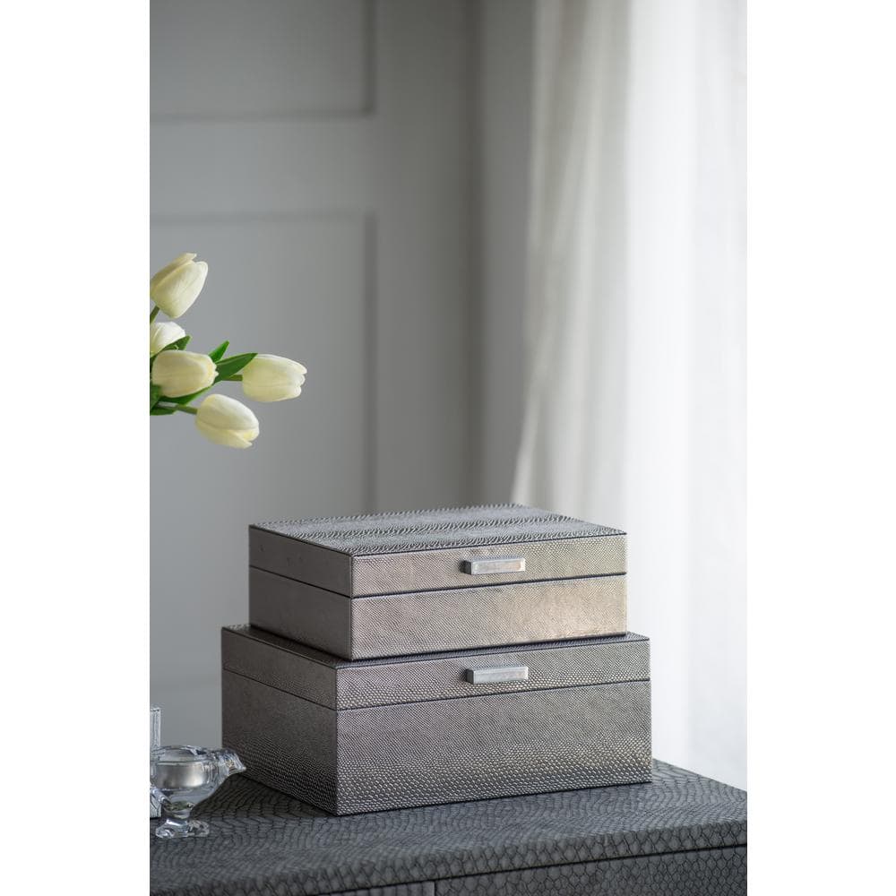 Silver Snake Print Rectangular Decorative Boxes with Metal Handles - Set of 2