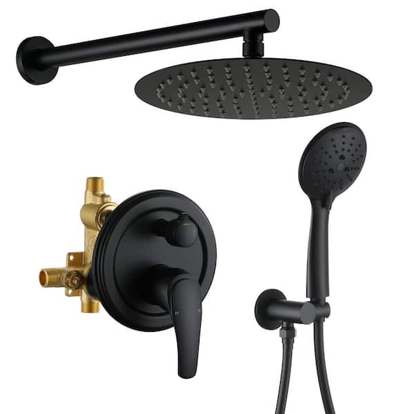 Mondawe Round 5-Spray Patterns Shower Set with 2.66 GPM 9 in. Pressure Balance Valve Wall Mount Dual Shower Heads in Black