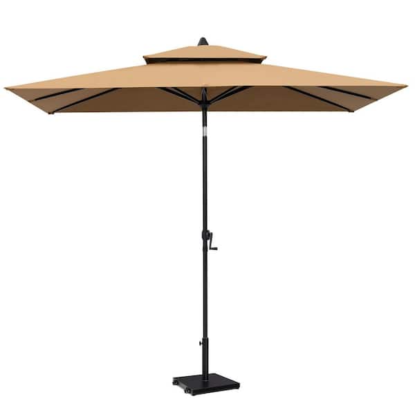 Pellebant 10 ft. x 6.5 ft. Rectangular Aluminum Market Crank and Tilt Outdoor Patio Umbrella in Tan with Wheeled 45 lbs. Base