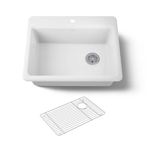 Riverby Drop-In Cast Iron 27 in. 1-Hole Single Bowl Kitchen Sink in White with Stainless Basin Rack
