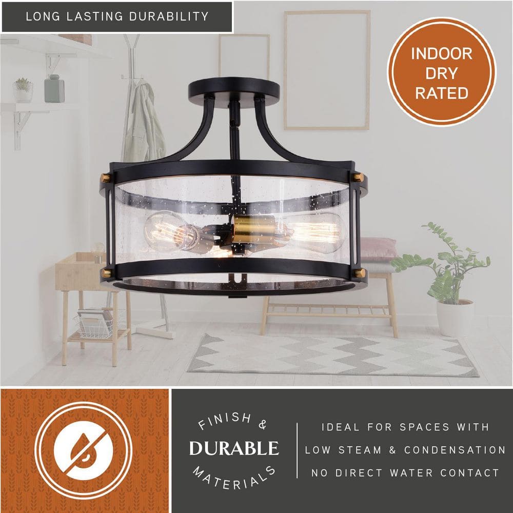 Holbrook 15.75" Matte Black & Satin Brass Drum Semi-Flush Mount with Clear Seeded Glass