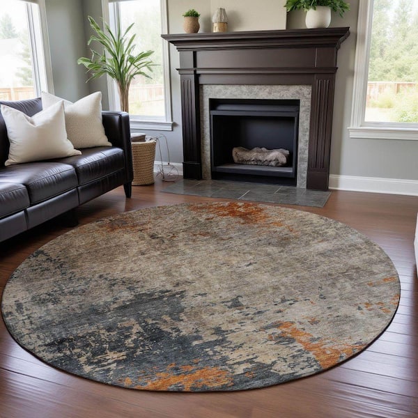 Mayfield Premium Machine Washable Abstract AMF1212 Khaki 8 ft. x 8 ft. Round Rug