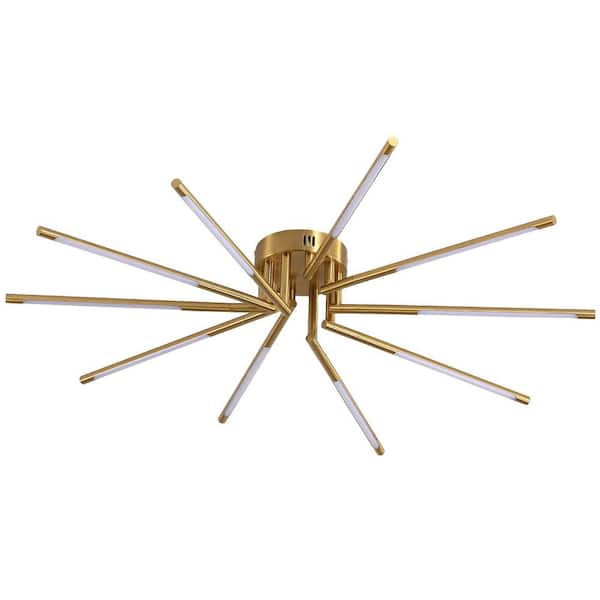 OUKANING 33.46 in. 10-Light Gold Modern Selectable LED Semi-Flush Mount Ceiling Light with Remote for Bedroom Living Room