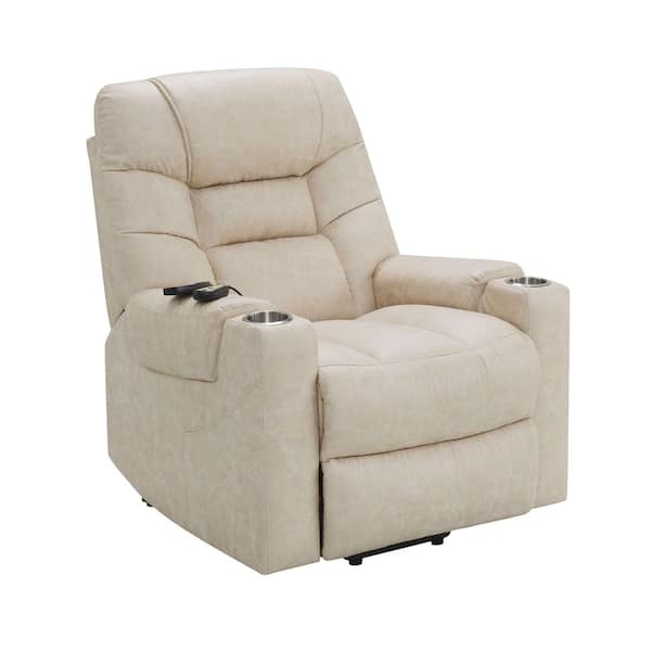Gerald Ivory Faux Leather Upholstered Power Motion Recliner with Lift, Heating, Massage Function