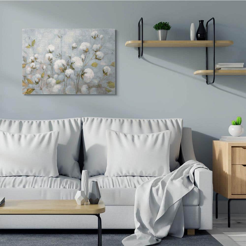Cotton Flower Field Blue and Green Landscape Canvas Art, 30x40