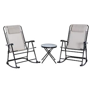 Black Metal Bistro Outdoor Rocking Chair (Set of 2) with Middle Side Table and White Mesh