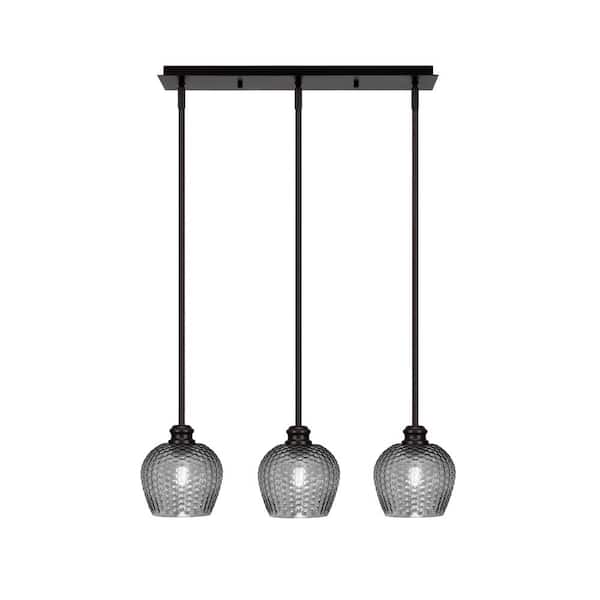 Unbranded Albany 60-Watt 3-Light Espresso Linear Pendant Light with Smoke Textured Glass Shades and No Bulbs Included