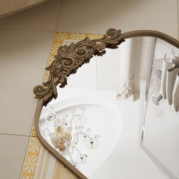 26 in. W x 41 in. H Arched Bronze Aluminum Alloy Framed with Carved Decoration Wall Mirror