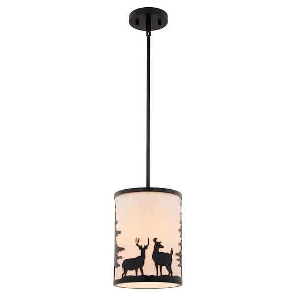 Acadia 1 Light Bronze Rustic Mini Pendant Light Ceiling Fixture White Linen Shade Deer and Tree
