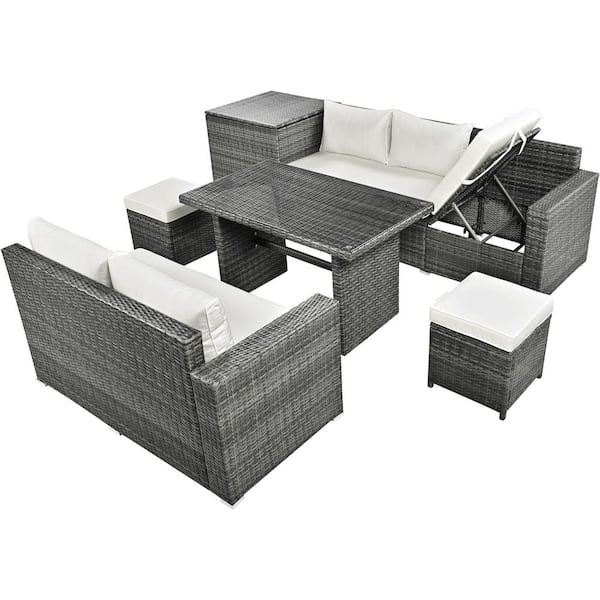 Grey 6 Piece All Weather PE Rattan Patio Conversation Set with Beige Cushion and Storage Boxand Tempered Glass Top Table