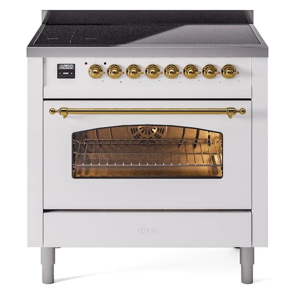 Nostalgie II 36 in. 6 Zone Freestanding Induction Range in White with Brass