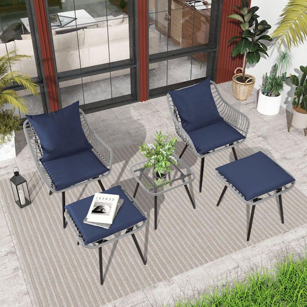 JUSKYS Bohemian Light-Gray 5-Piece Outdoor Wicker Furniture Set with 2-Chairs, 2-Ottomans, 1-Coffee Table, Navy Blue Cushions