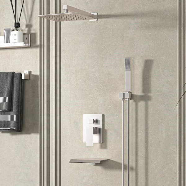 waterpar 1-Spray Square Shower System Fixed Shower Head and Tub Faucet with Hand Shower in Brushed Nickel (Valve Included)
