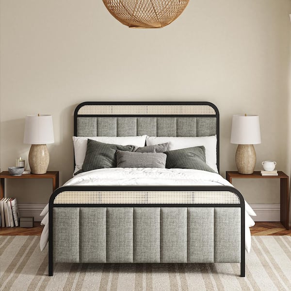 JAYDEN CREATION Edmund Grey Modern Solid Wood Frame Ratten Panel Bed with Headboard Lighting