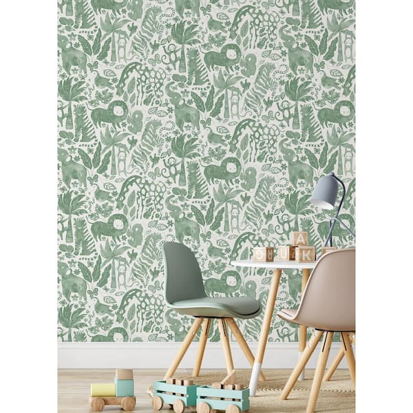 Sweet Safari Green Vinyl Peel and Stick Wallpaper Roll