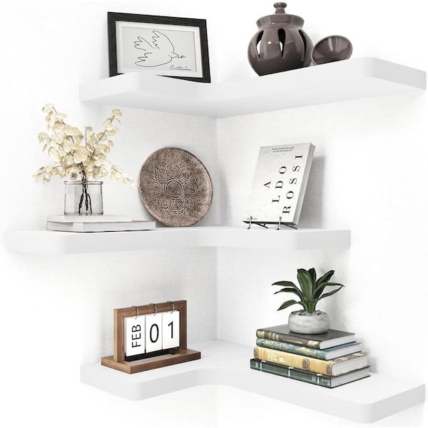 Cubilan 16 in. W x 11.4 in. x 1 in. H White Decorative Wall Shelf, Corner Floating Shelves, Set of 3