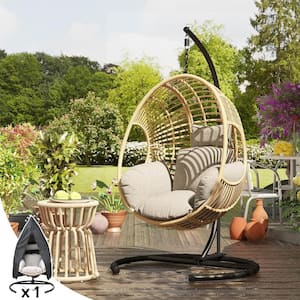Outdoor Indoor Swing Egg Chair Natural Color Wicker with Gray Cushion