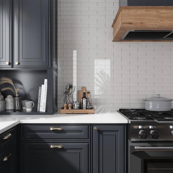 Beige 3-in. x 12-in. Polished Glass Mosaic Floor and Wall Tile (5 Sq ft/case)
