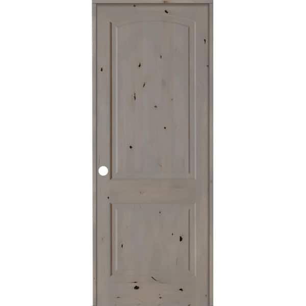 Krosswood Doors 28 in. x 96 in. Knotty Alder 2-Panel Right-Handed Grey Stain Wood Single Prehung Interior Door with Arch Top