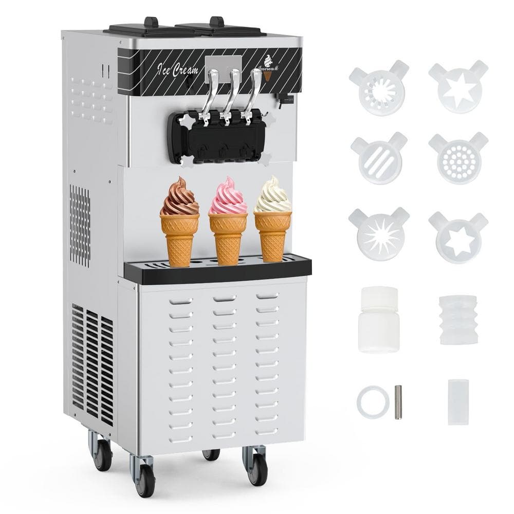 WhizMax Commercial Ice Cream Maker, 5.8-8 gal./H 3 Flavors Soft Serve Ice Cream Machine with Caster Wheels, Silver