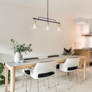 Tencanonia Modern 3-light Black and Brass Island Lamp with Seeded Glass Shade, 33.5 in. Pendant Light for Dining Room