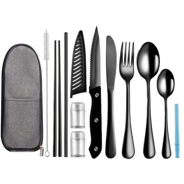 10-Piece Black Stainless Steel Travel Camping Cutlery Set with Case, Chopsticks and Straw