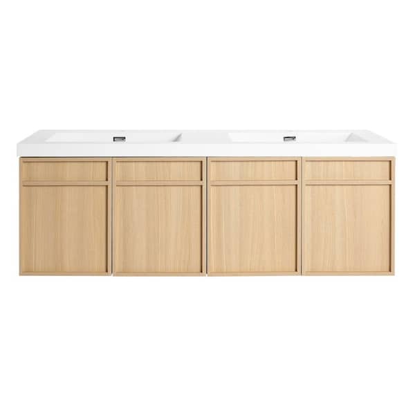 59.06 in. W x 19.69 in. D x 20.88 in. H Wall Mounted Bath Vanity in Light Oak with White Resin Vanity Top