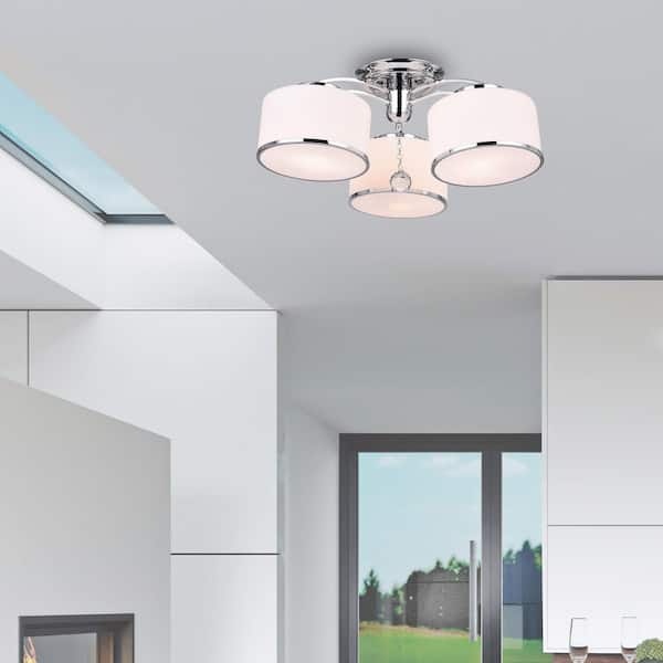 Frosted 3 Light Drum Shade Flush Mount With Chrome Finish