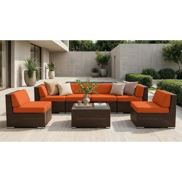 Ohana Depot Ohana Dark Brown 7-Piece Wicker Patio Seating Set with