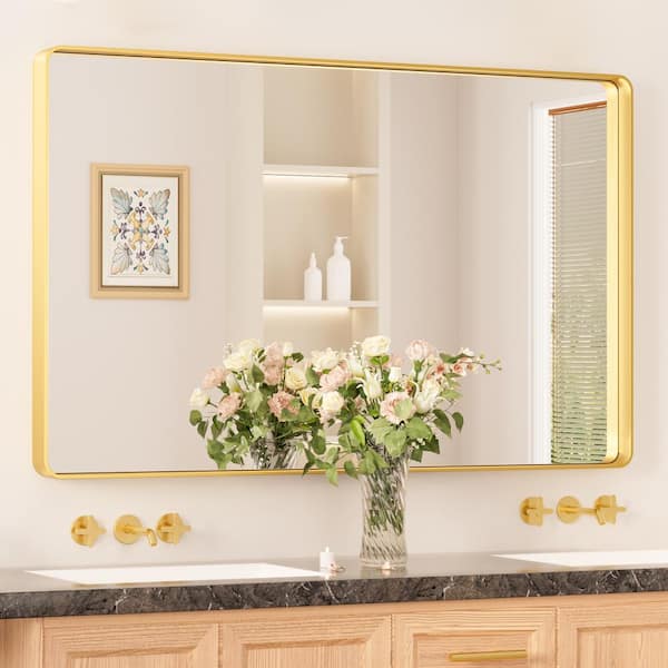 KeonJinn 48 in. W x 30 in. H Modern Rectangular Aluminum Framed Wall Bathroom Vantiry Mirror in Brush Gold