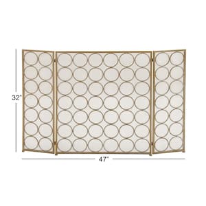 Brass Metal Geometric Foldable Mesh Netting 3 Panel Fireplace Screen with Circle Pattern