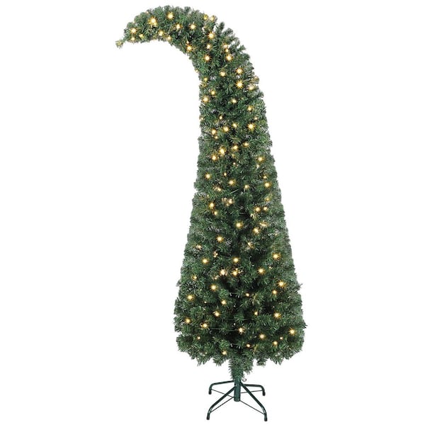 6 ft. Prelit Bent Artificial Christmas Tree, Slim High Mountain Fir Holiday Decor with 200 Warm White LEDs and 8 Modes