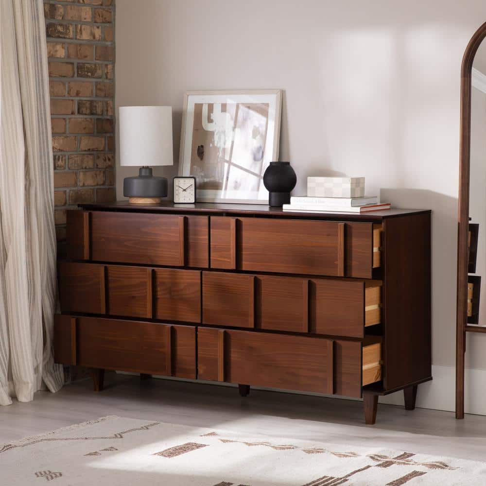 Modern Walnut 6-Drawer Vertical Accent Solid Wood Dresser