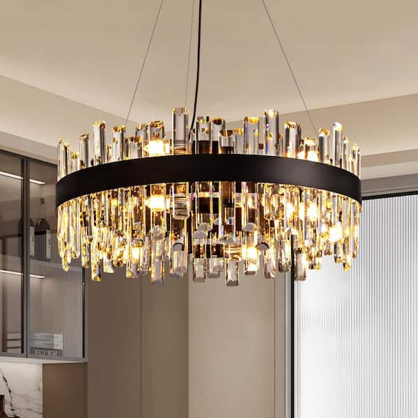 24 in. Modern 12-Light Black Crystal Chandelier Circle Round 2-Tiers Chandelier for Dining Living Room Bedroom
