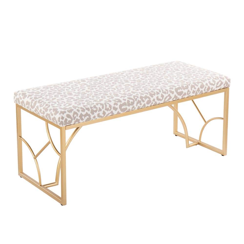 Lumisource Constellation Grey Leopard Print Fabric and Gold Metal 43.5 in. Bedroom Bench (21 in