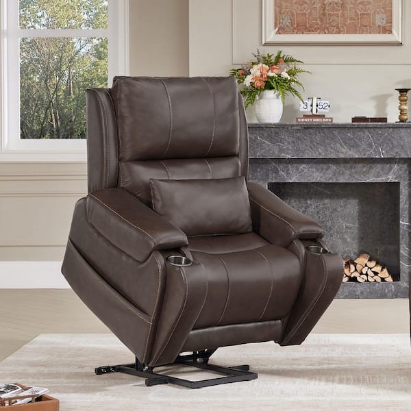 Damon Brown Modern Leather Lift Recliner with Heat and Massage, Lumbar Pillow, Storage Pockets & Cup Holder for Elderly