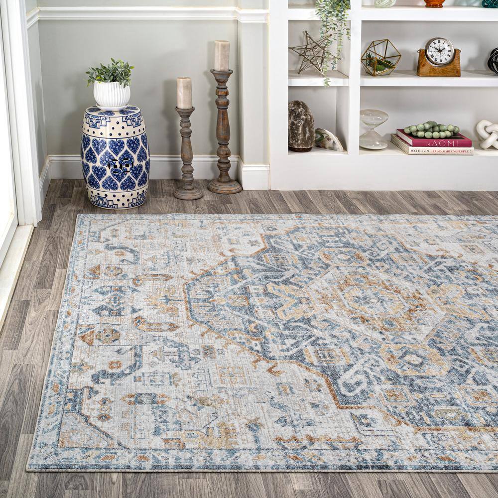 Cream and Blue Medallion Washable Synthetic Area Rug 3' x 5'