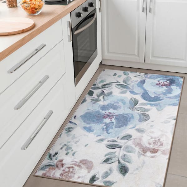Sasha Cream Blue 3 ft. x 5 ft. Floral Washable Area Rug