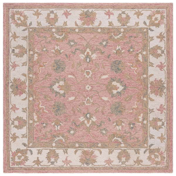 Heritage 6 ft. x 6 ft. Square Pink/Ivory Border Ornate Floral Area Rug