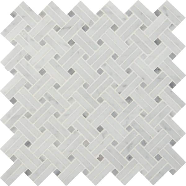 MSI Carrara White Basket Weave 12 in. x 12 in. x 10mm Polished Marble Mesh-Mounted Mosaic Tile (10.3 sq. ft. / case)