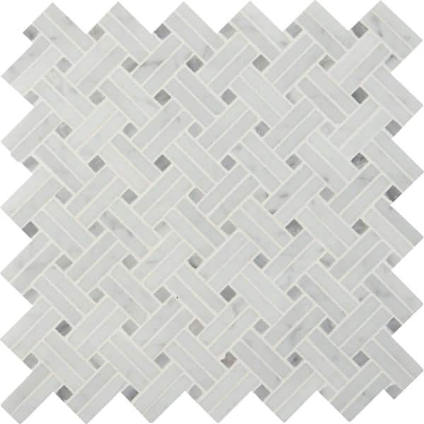 MSI Take Home Tile Sample - Carrara White Basket Weave 4 in. x 4 in. Polished Marble Mesh-Mounted Mosaic Tile