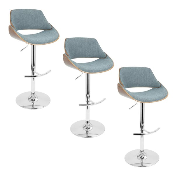 Lumisource Fabrizzi 33 in. Blue Fabric, Chrome Metal, and Walnut Adjustable Bar Stool (Set of 3)