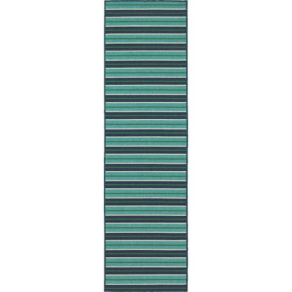 Trolley Aqua/Navy 2 ft. x 8 ft. Indoor/Outdoor Patio Runner Rug