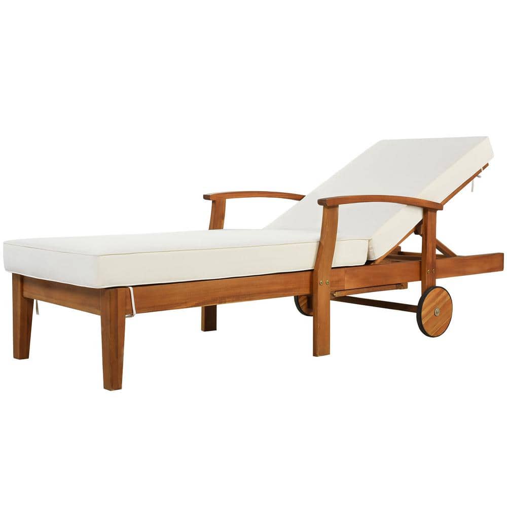 Wood Outdoor Chaise Lounge Patio Reclining Daybed with Beige Cushion